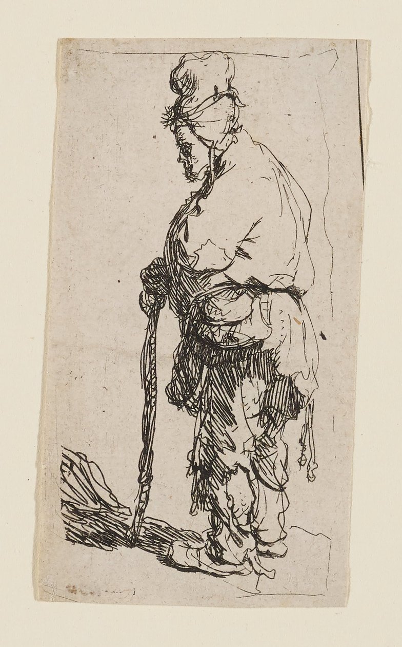 Żebrak oparty na kiju, zwrócony w lewo autorstwa Rembrandt van Rijn