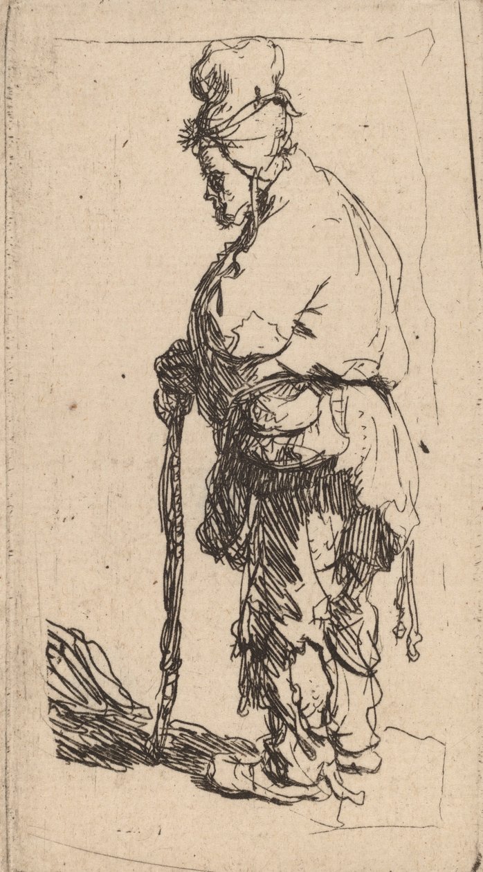 Żebrak oparty na patyku, zwrócony w lewo, c. 1630. autorstwa Rembrandt van Rijn