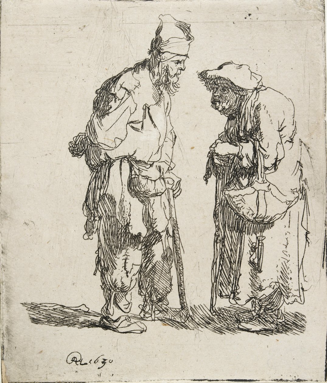 Rozmawiający żebrak i żebraczka, 1630 autorstwa Rembrandt van Rijn