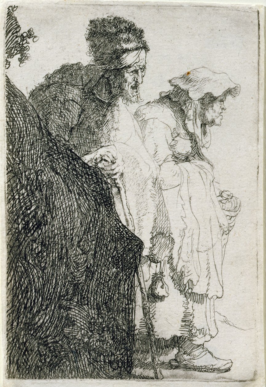 Żebrak, mężczyzna i kobieta za bankiem, ok. 1630 r. autorstwa Rembrandt van Rijn