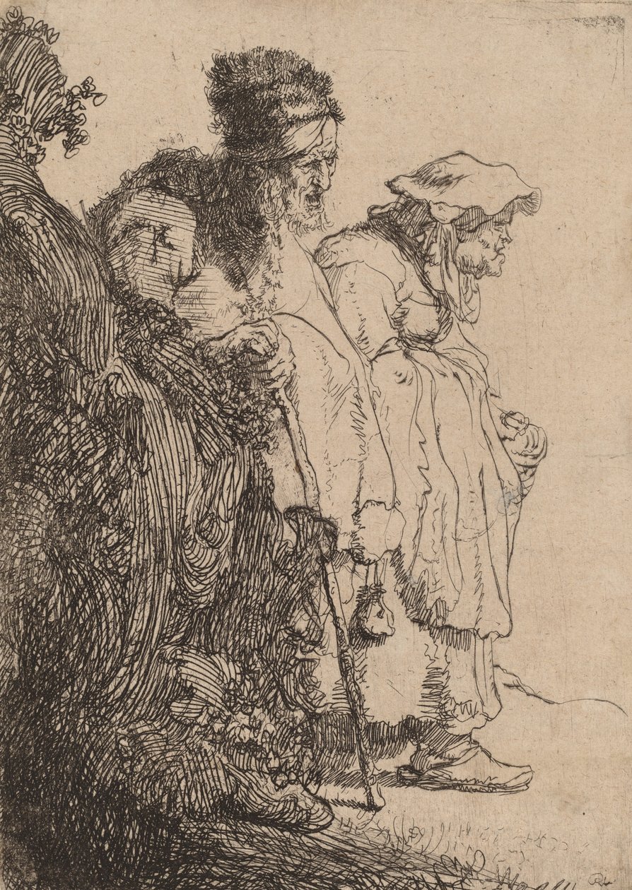 Żebrak, mężczyzna i kobieta za bankiem, ok. godz. 1630. autorstwa Rembrandt van Rijn