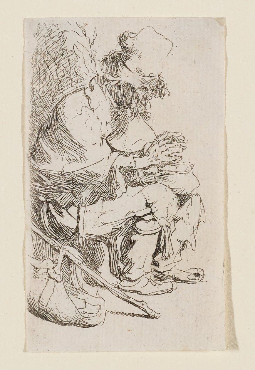 Siedzący żebrak ogrzewający ręce przy kociołku z żarem autorstwa Rembrandt van Rijn