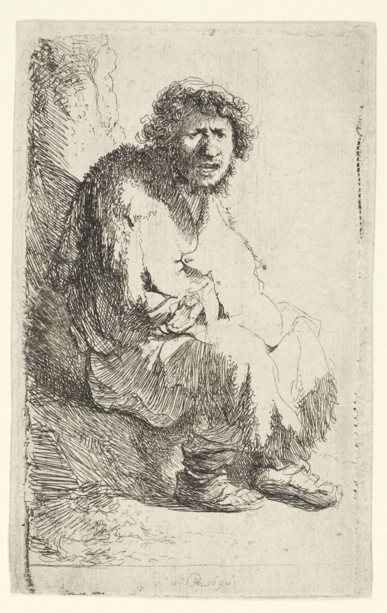 Żebrak siedzący na ławce autorstwa Rembrandt van Rijn
