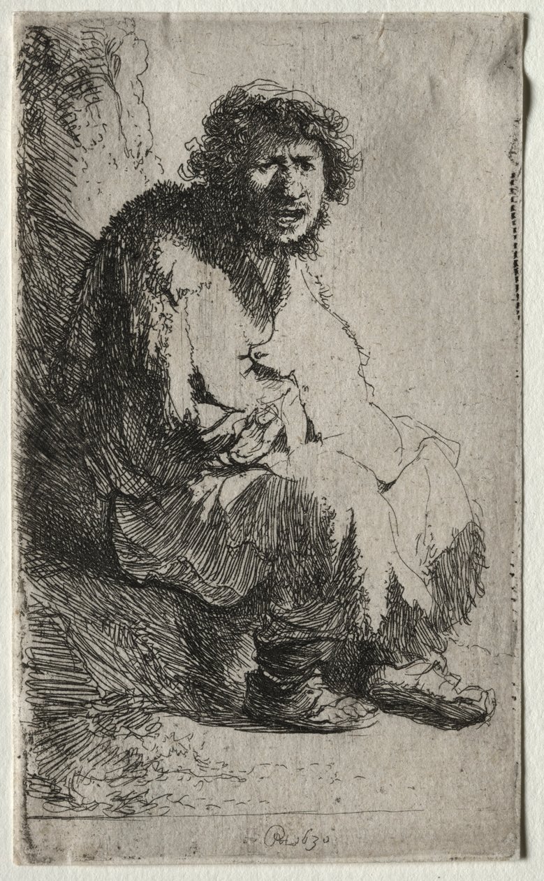Żebrak siedzący na banku, 1630. autorstwa Rembrandt van Rijn
