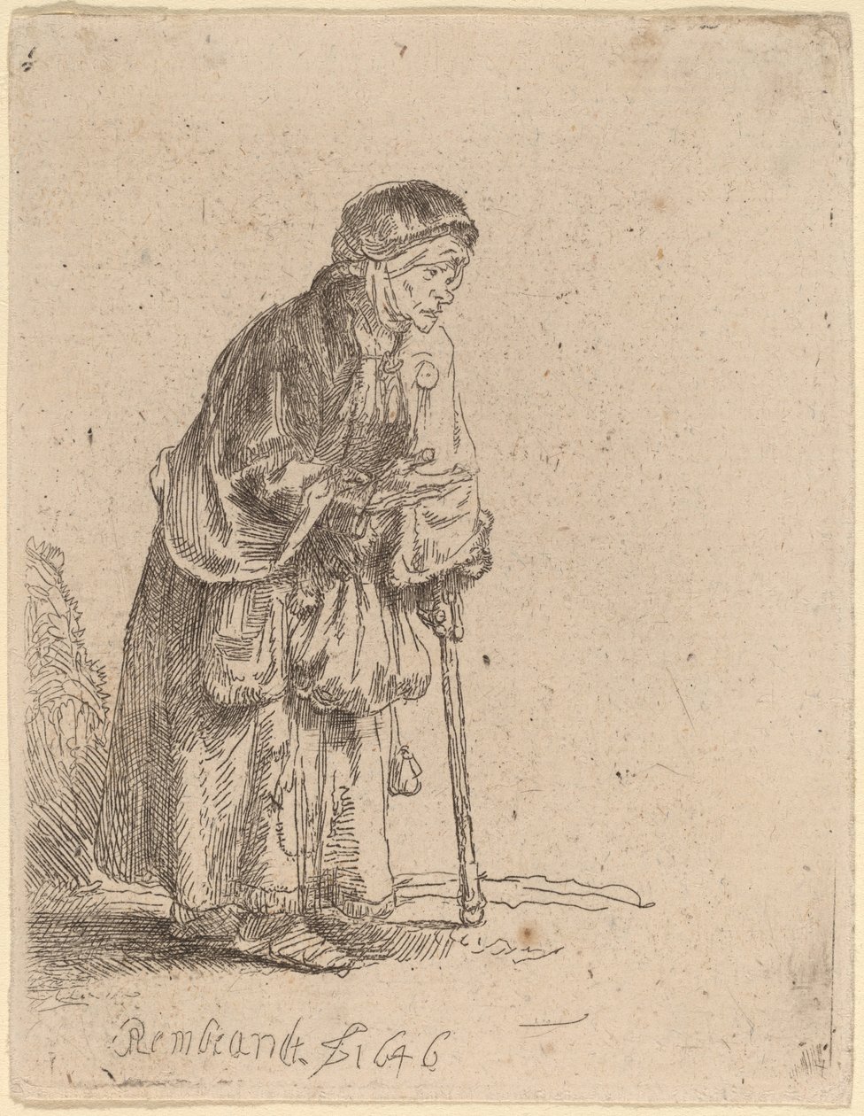 Żebraczka oparta o patyk autorstwa Rembrandt van Rijn