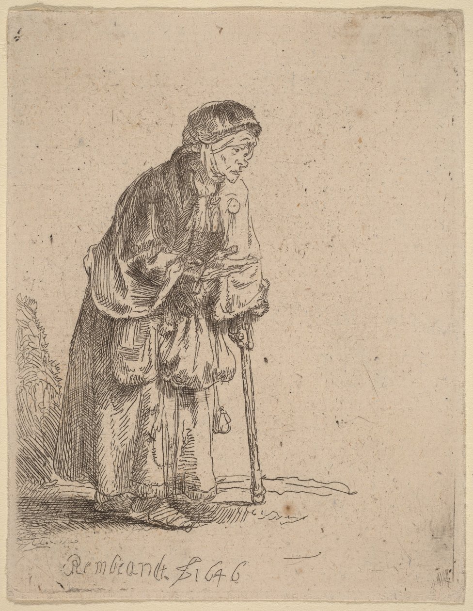 Żebraczka opierająca się na lasce autorstwa Rembrandt van Rijn