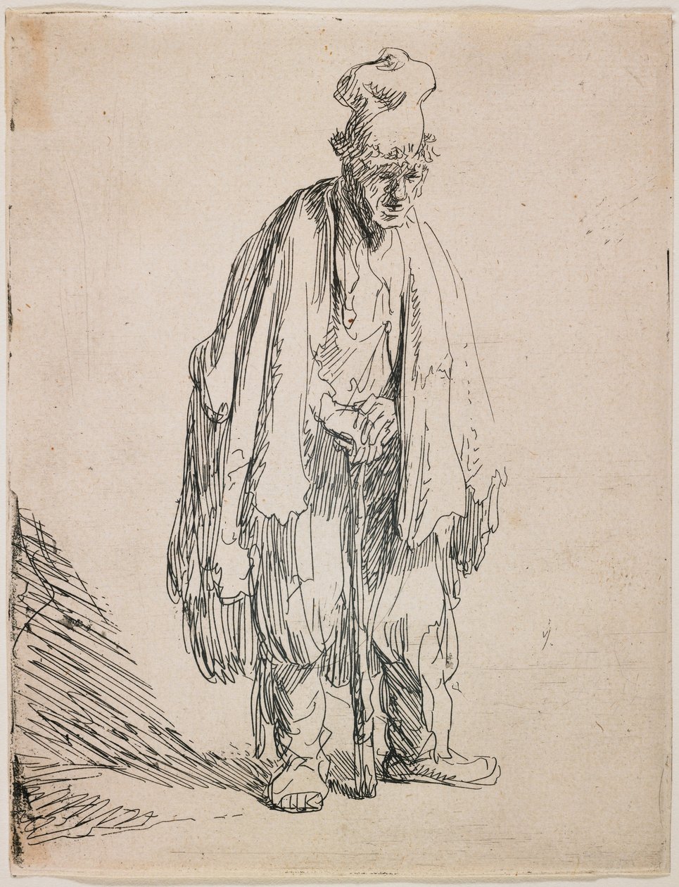 Żebrak w czapce z wysokim daszkiem, opierający się na lasce autorstwa Rembrandt van Rijn