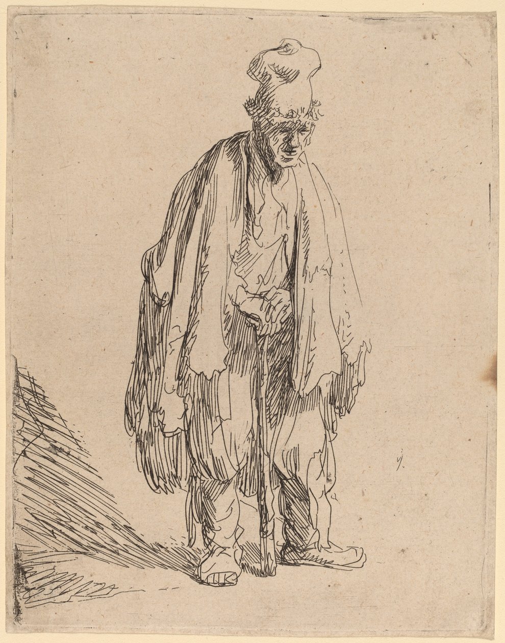 Żebrak w wysokiej czapce, stojąc i opierając się na patyku autorstwa Rembrandt van Rijn