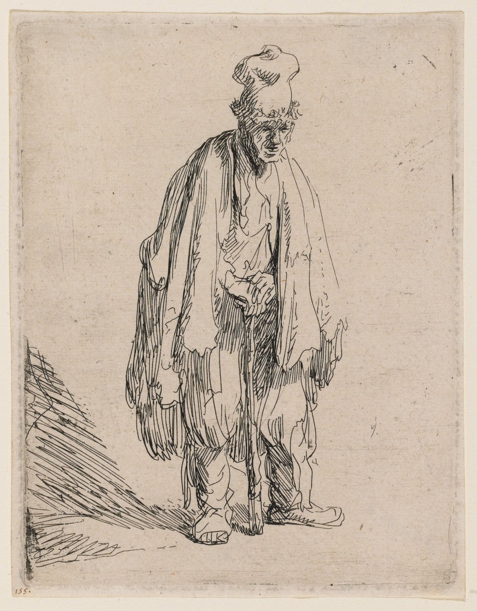 Żebrak w czapce z wysokim daszkiem, stojący i opierający się na lasce autorstwa Rembrandt van Rijn