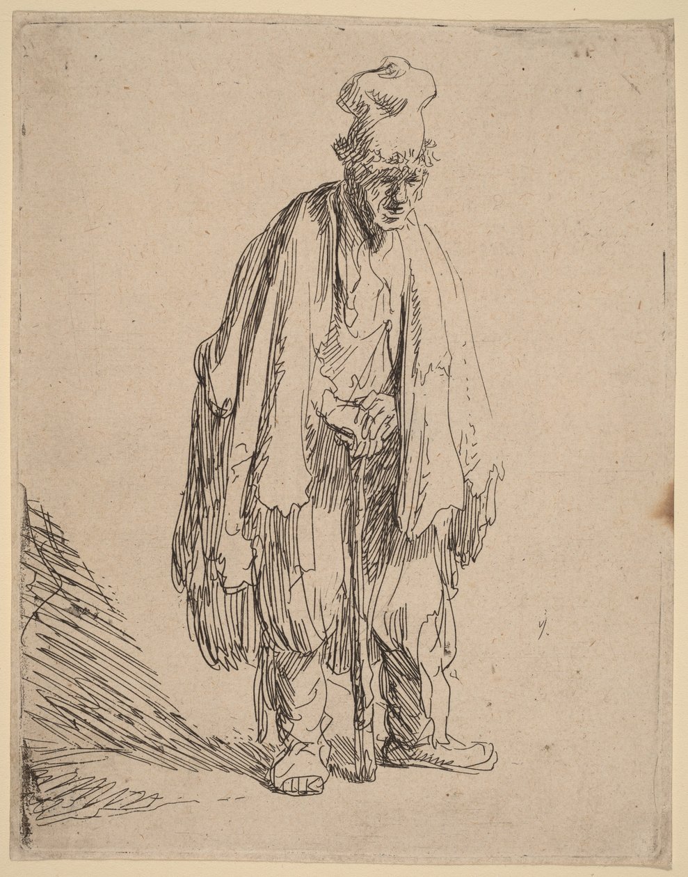 Żebrak w czapce z wysokim daszkiem, stojący i opierający się na lasce autorstwa Rembrandt van Rijn