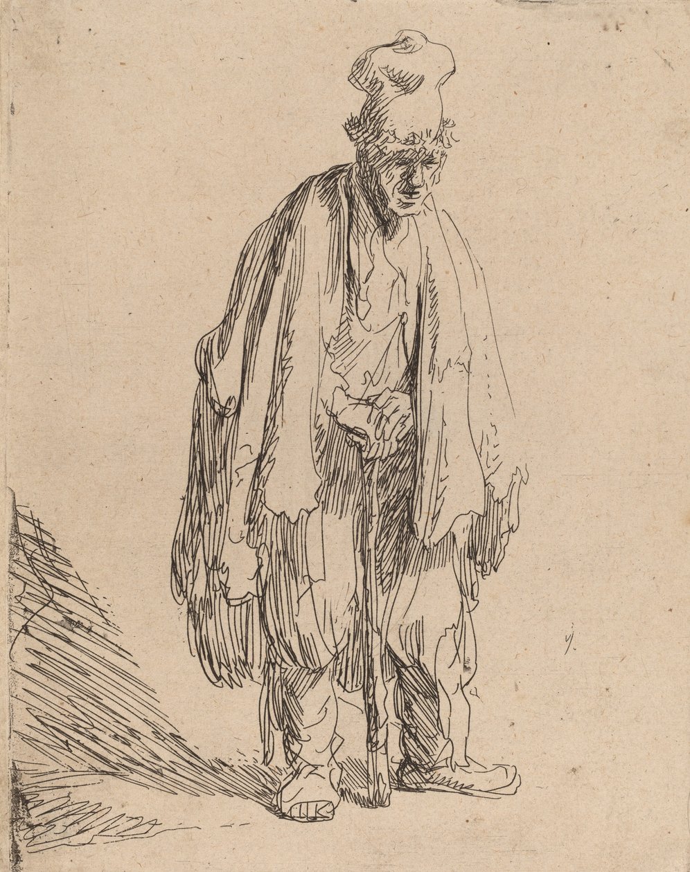 Żebrak w wysokiej czapce, stojąc i opierając się na patyku, c. 1630. autorstwa Rembrandt van Rijn