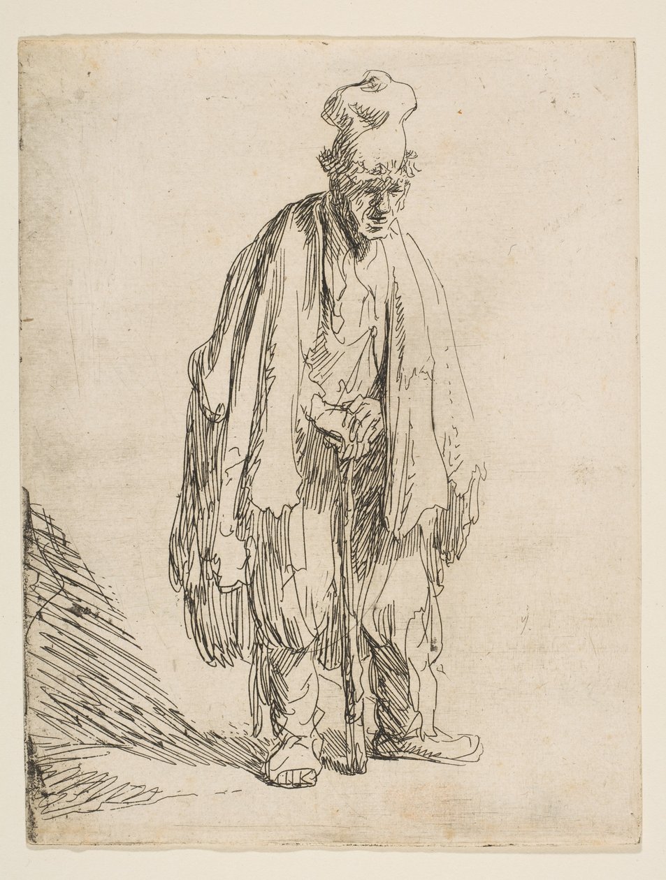 Żebrak w wysokiej czapce, stojący i oparty na patyku, ok. godz. 1629. autorstwa Rembrandt van Rijn
