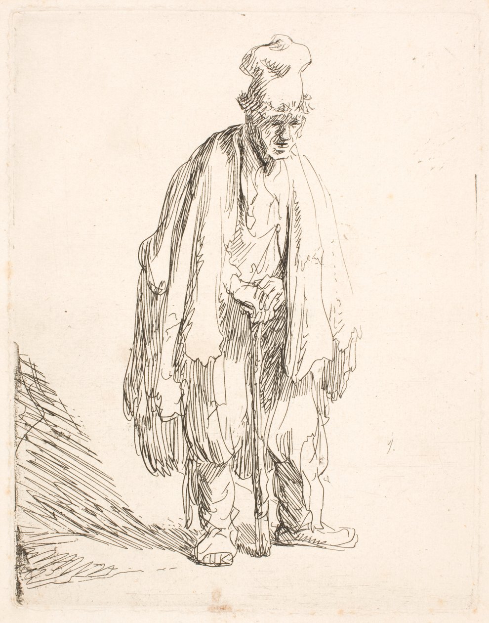 Żebrak w wysokiej czapce, stojący i opierający się na lasce autorstwa Rembrandt van Rijn