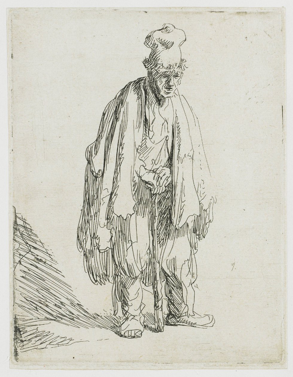 Żebrak w wysokiej czapce, stojący i opierający się na lasce autorstwa Rembrandt van Rijn