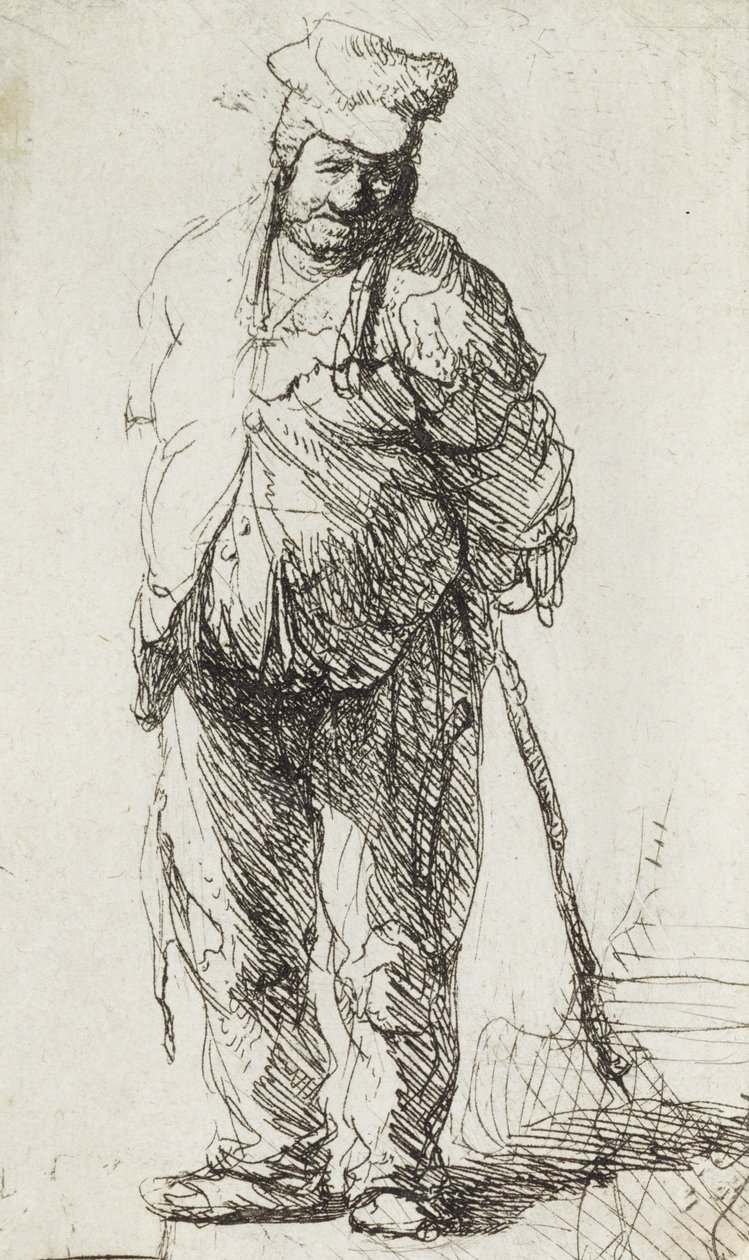Żebrak oparty na patyku (pióro i atrament na papierze) autorstwa Rembrandt van Rijn