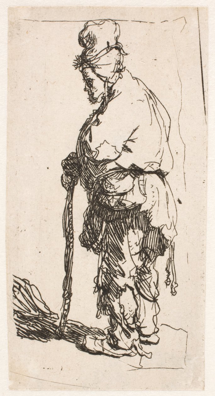Żebrak opierający się na lasce, zwrócony w lewo autorstwa Rembrandt van Rijn