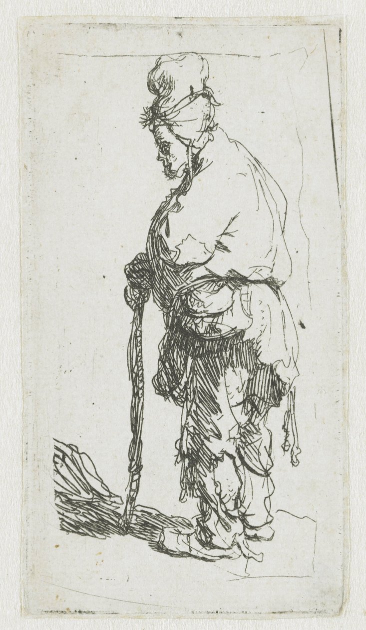 Żebrak opierający się na lasce, zwrócony w lewo autorstwa Rembrandt van Rijn