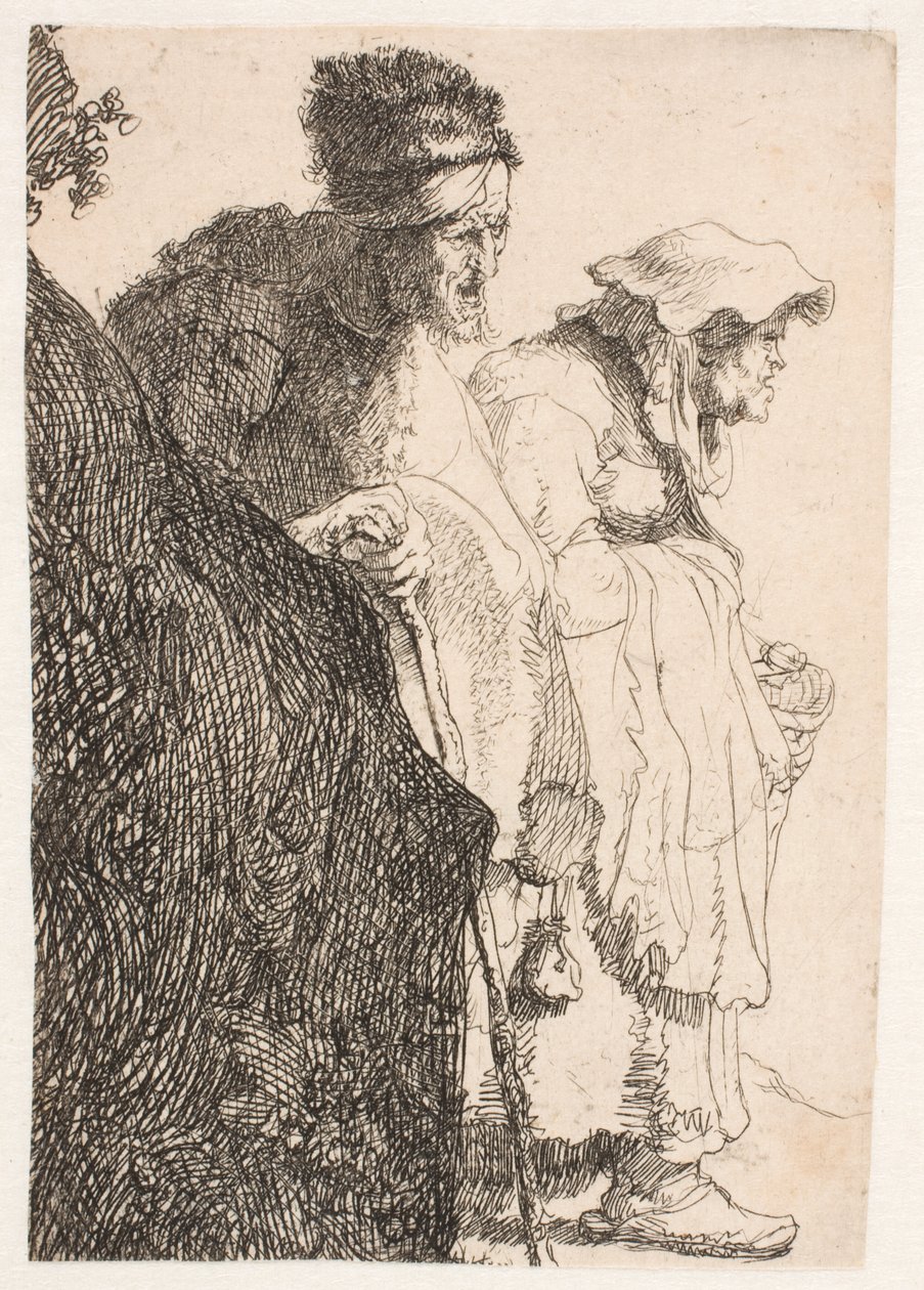 Żebrak i żebraczka stojący za bankiem autorstwa Rembrandt van Rijn