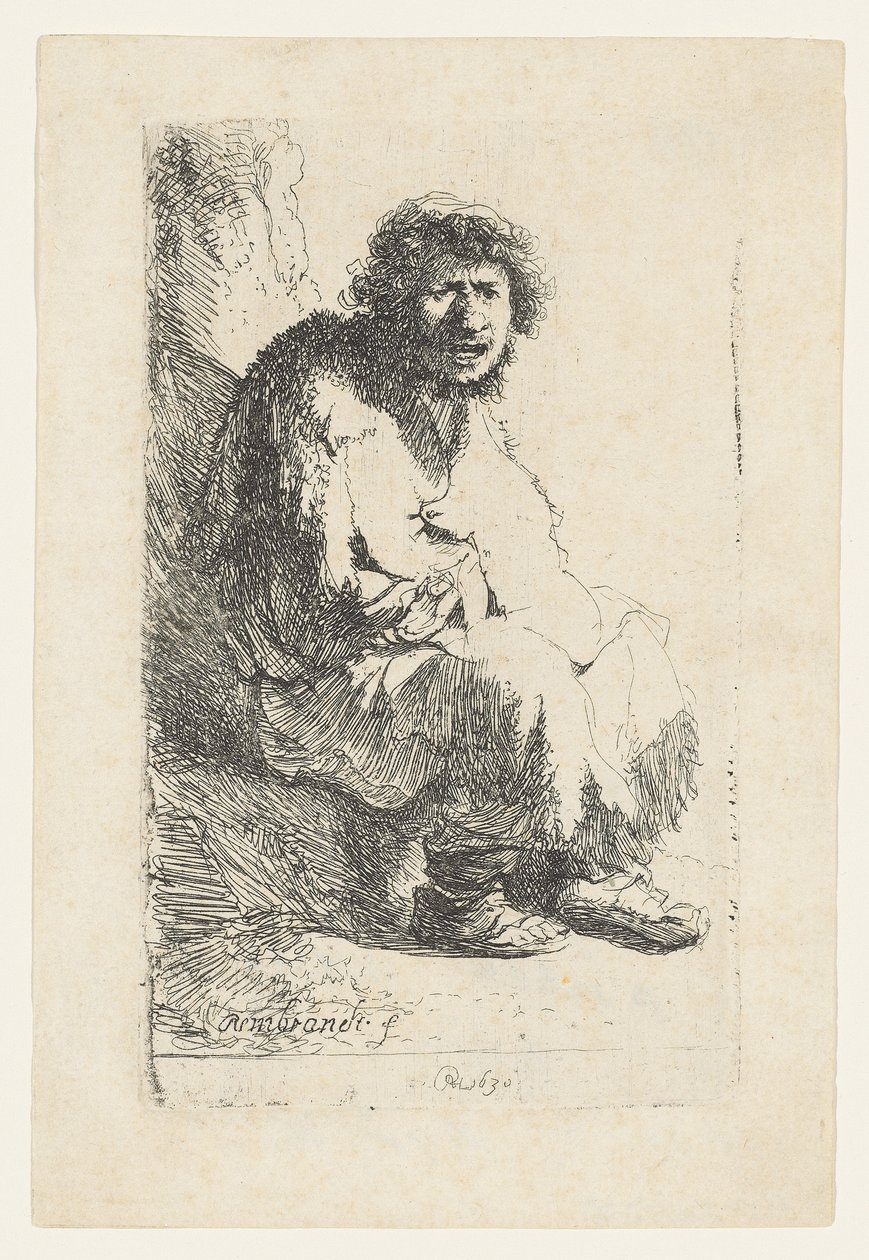 Żebrak siedzący na banku, 1630 autorstwa Rembrandt van Rijn