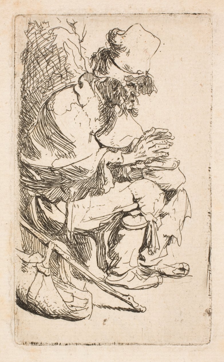 Żebrak siedzący i ogrzewający sobie ręce przy podgrzewaczu do potraw autorstwa Rembrandt van Rijn