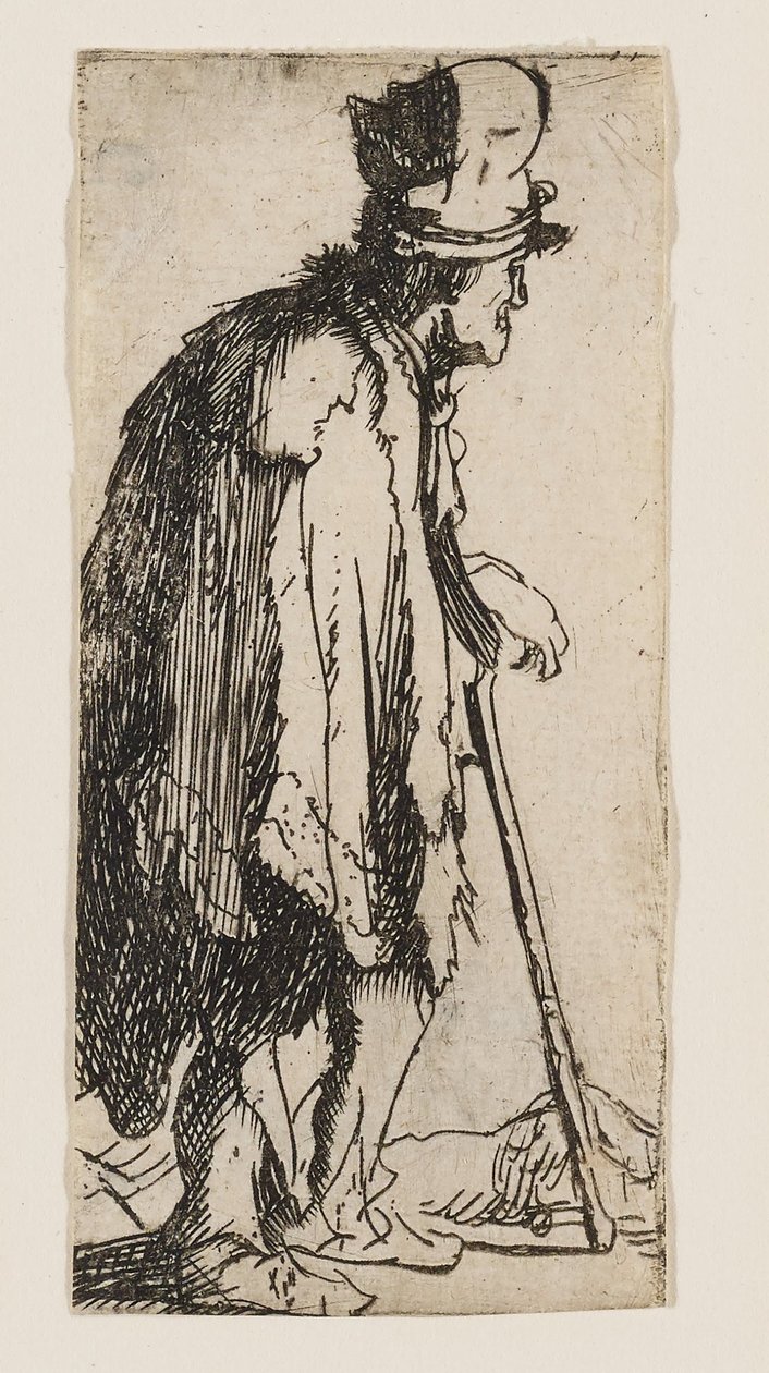 Żebrak z okaleczoną ręką, opierający się na lasce autorstwa Rembrandt van Rijn