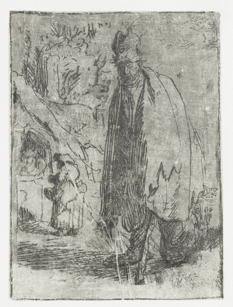 Żebrak z chatą i dwiema postaciami w tle autorstwa Rembrandt van Rijn
