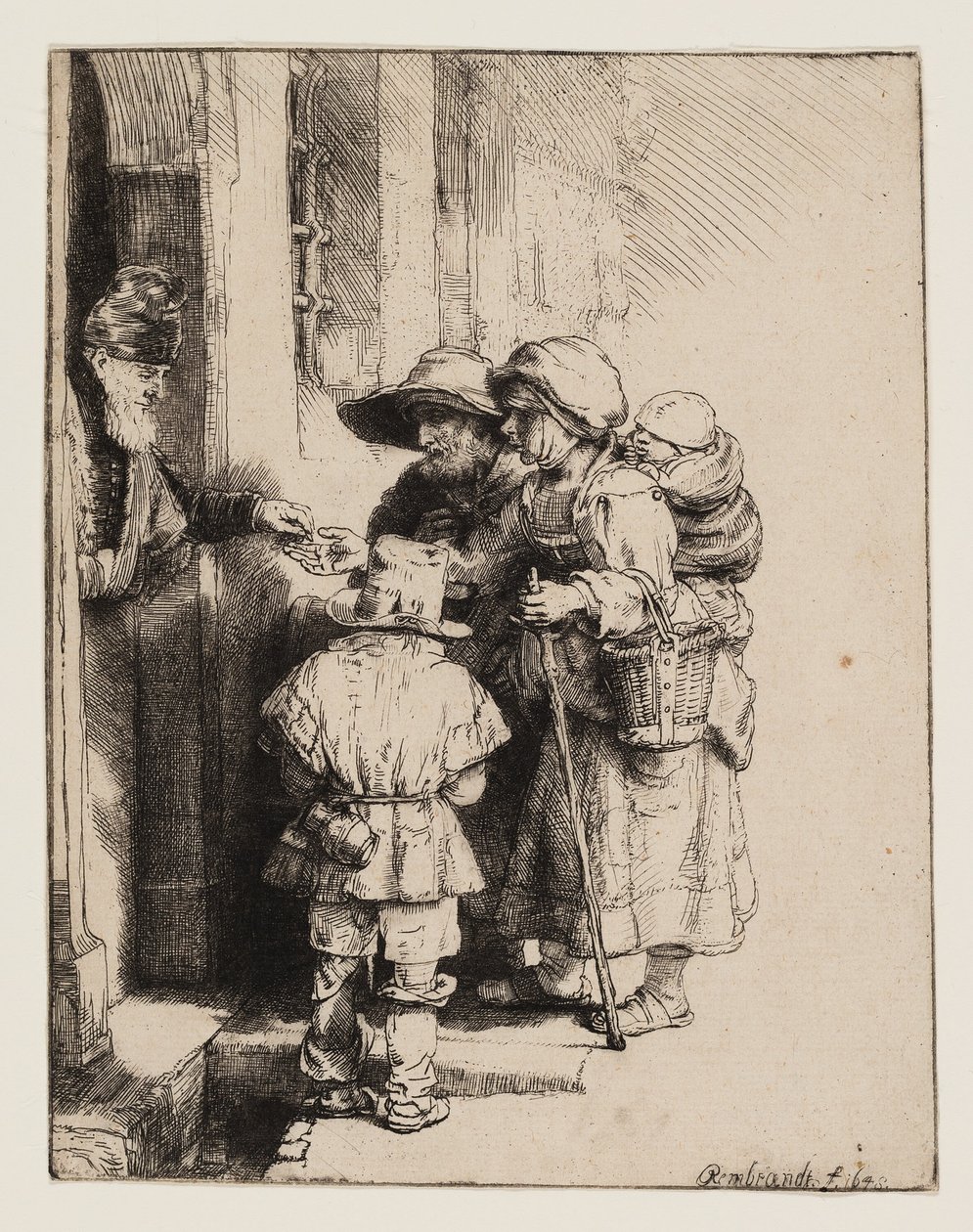 Żebracy otrzymujący jałmużnę u drzwi domu autorstwa Rembrandt van Rijn