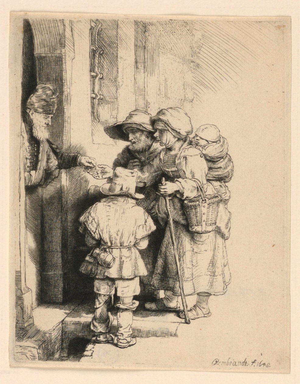Żebracy otrzymujący jałmużnę u drzwi domu autorstwa Rembrandt van Rijn