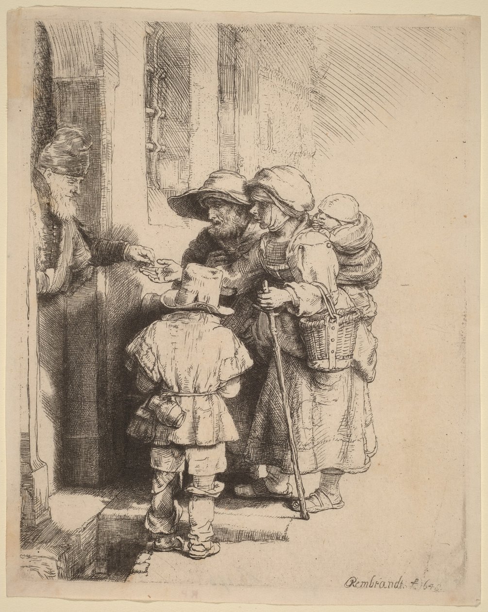 Żebracy otrzymujący jałmużnę przed drzwiami domu autorstwa Rembrandt van Rijn