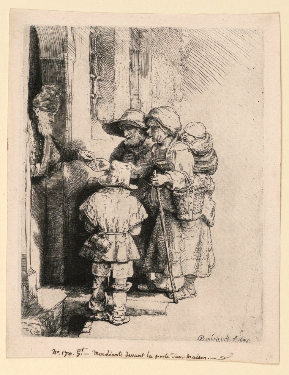 Żebracy otrzymujący jałmużnę u drzwi domu autorstwa Rembrandt van Rijn