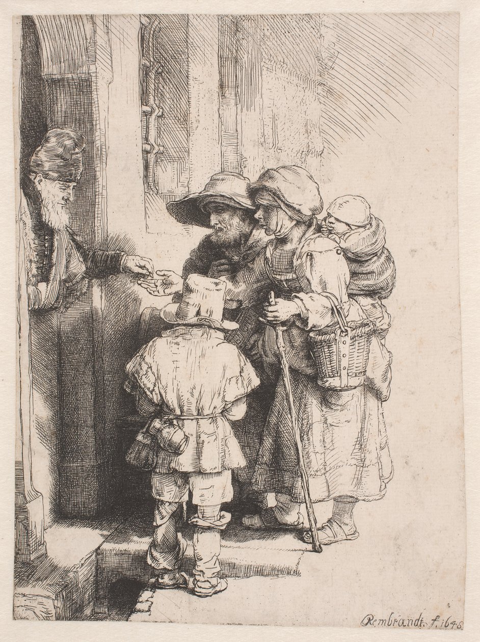 Żebracy otrzymujący jałmużnę przed drzwiami domu autorstwa Rembrandt van Rijn