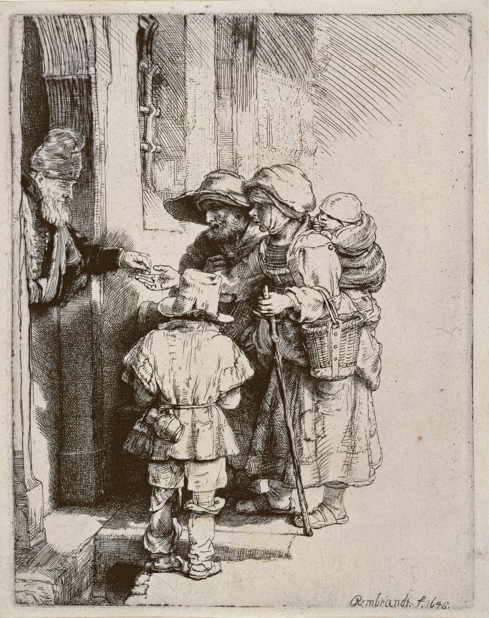 Żebracy otrzymujący jałmużnę przed drzwiami domu, 1648 (suchoryt) autorstwa Rembrandt van Rijn