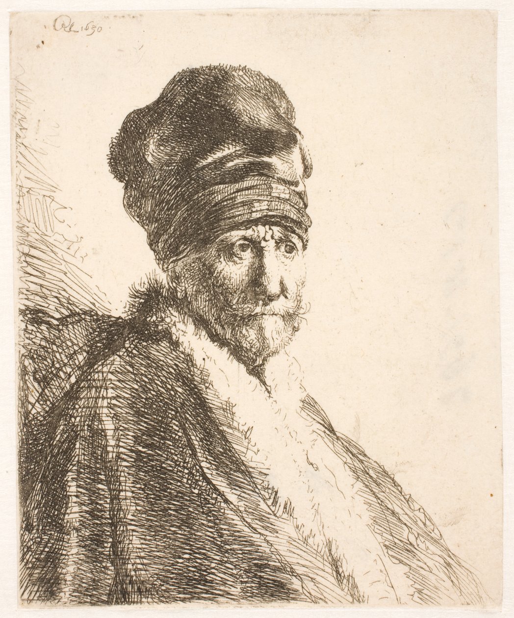 Popiersie mężczyzny (ojca Rembrandta) w wysokiej czapce, ujęcie z trzech czwartych autorstwa Rembrandt van Rijn