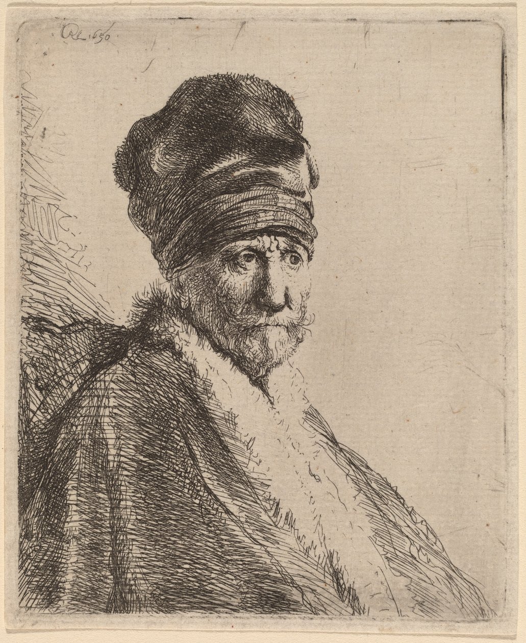 Popiersie mężczyzny w wysokiej czapce, trzy czwarte po prawej (ojciec artysty?) autorstwa Rembrandt van Rijn