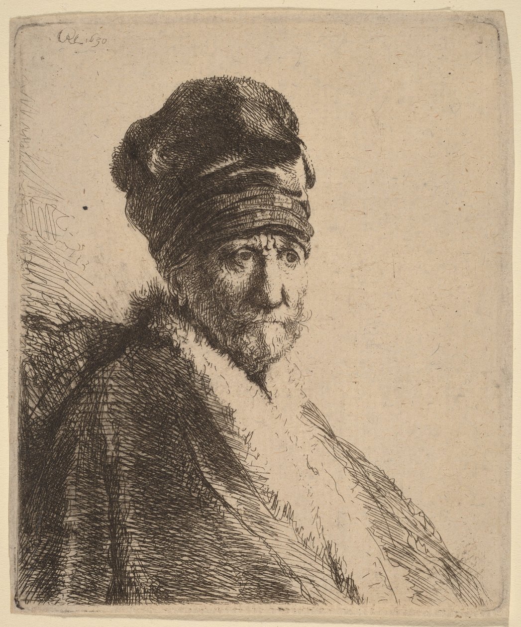 Popiersie mężczyzny w czapce z daszkiem, ujęcie z prawej strony w trzech czwartych (ojciec artysty) autorstwa Rembrandt van Rijn