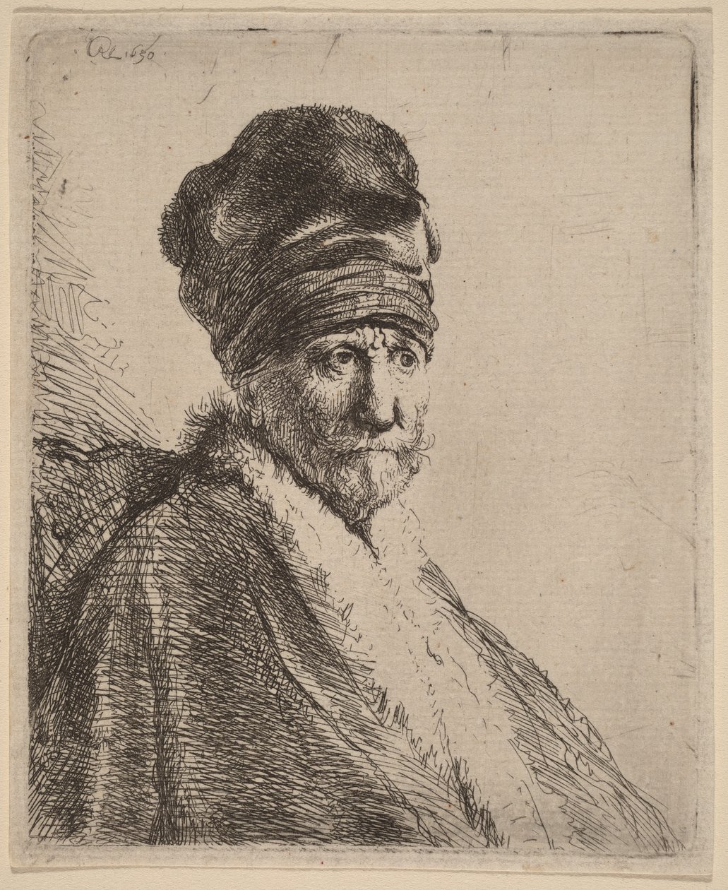 Popiersie mężczyzny w czapce z daszkiem, ujęcie z prawej strony w trzech czwartych (ojciec artysty) autorstwa Rembrandt van Rijn
