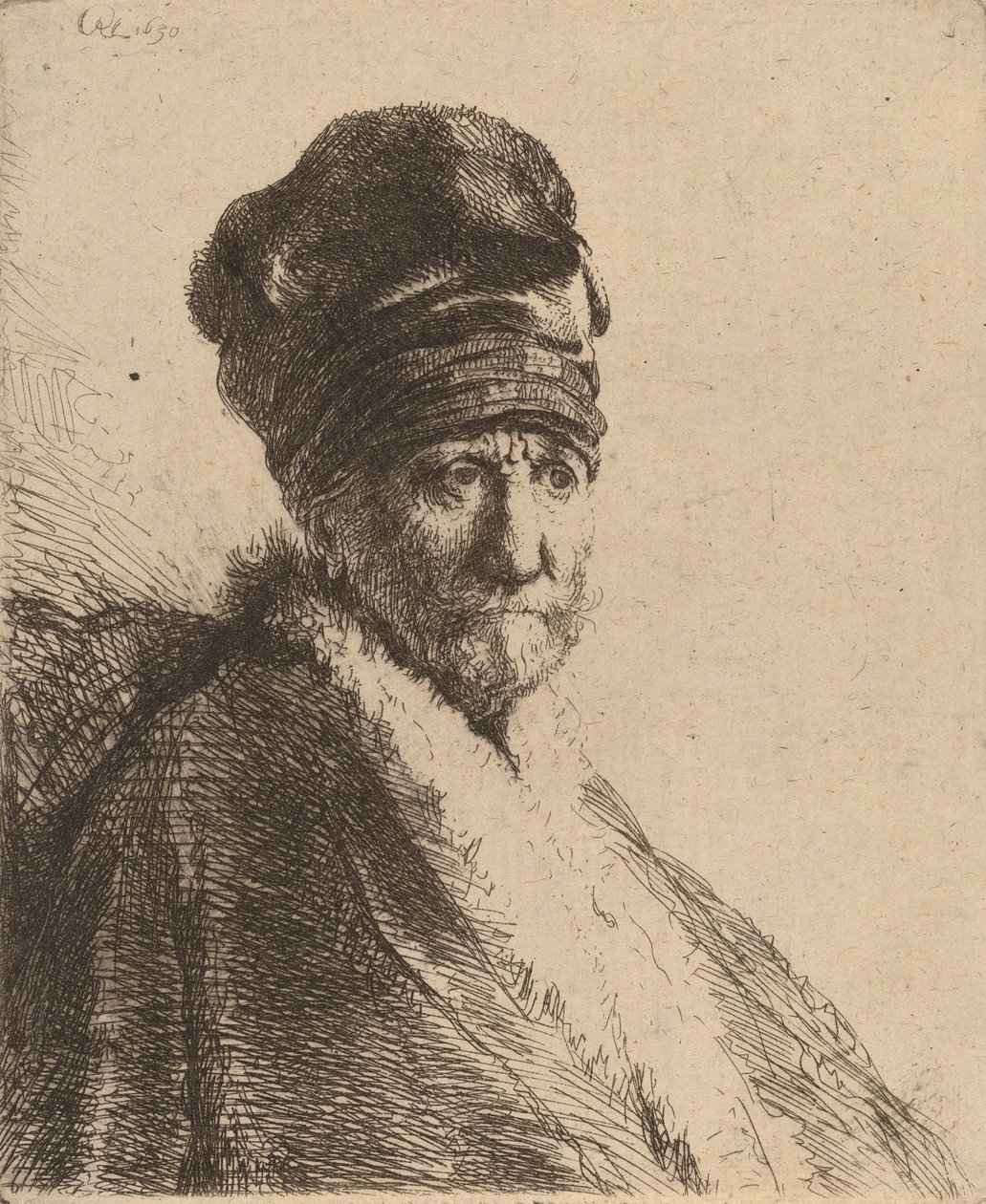 Popiersie mężczyzny w wysokiej czapce, trzy czwarte na prawo od ojca artysty, 1630. autorstwa Rembrandt van Rijn