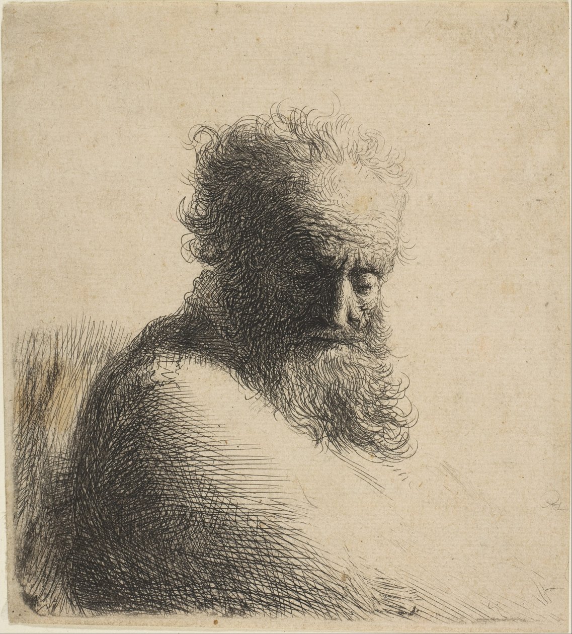 Popiersie starego brodatego mężczyzny patrzącego w dół, trzy czwarte w prawo, 1631. autorstwa Rembrandt van Rijn