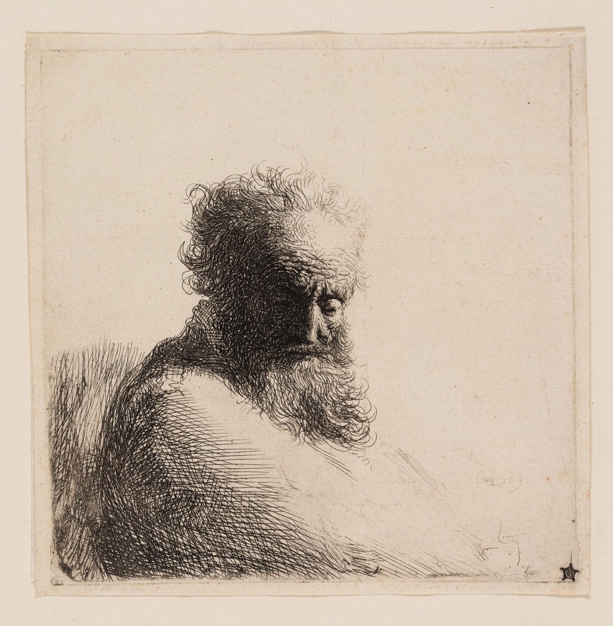 Popiersie starego brodatego mężczyzny, patrzącego w dół, w trzech czwartych w prawo autorstwa Rembrandt van Rijn