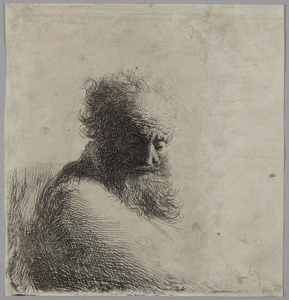 Popiersie starszego mężczyzny, spoglądającego w dół, w ujęciu z trzech czwartych w prawo autorstwa Rembrandt van Rijn