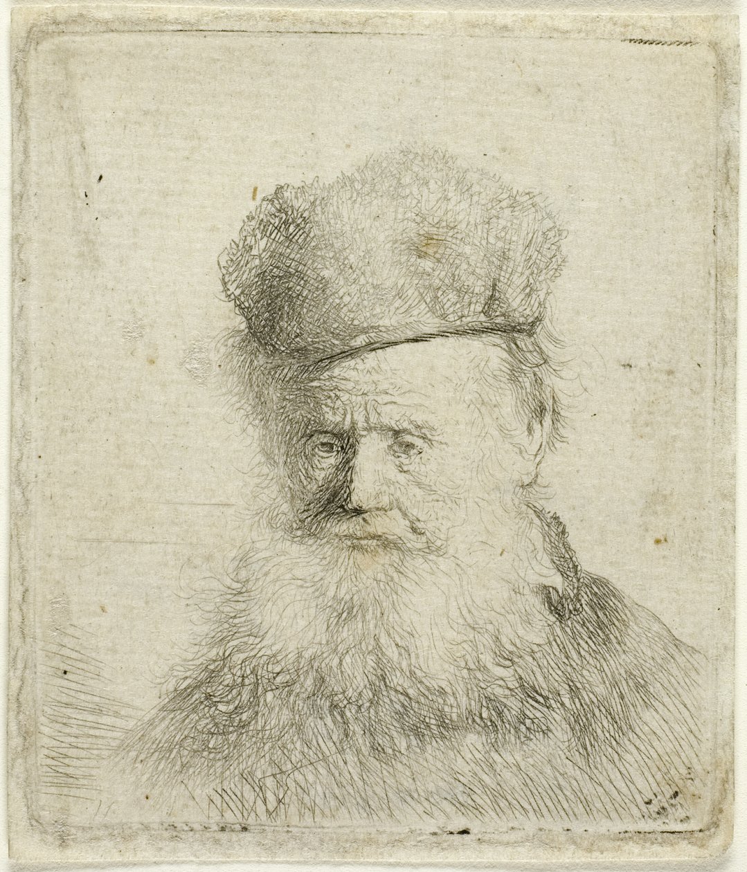 Popiersie starca w futrzanej czapce i powiewającej brodzie, prawie pełna twarz autorstwa Rembrandt van Rijn