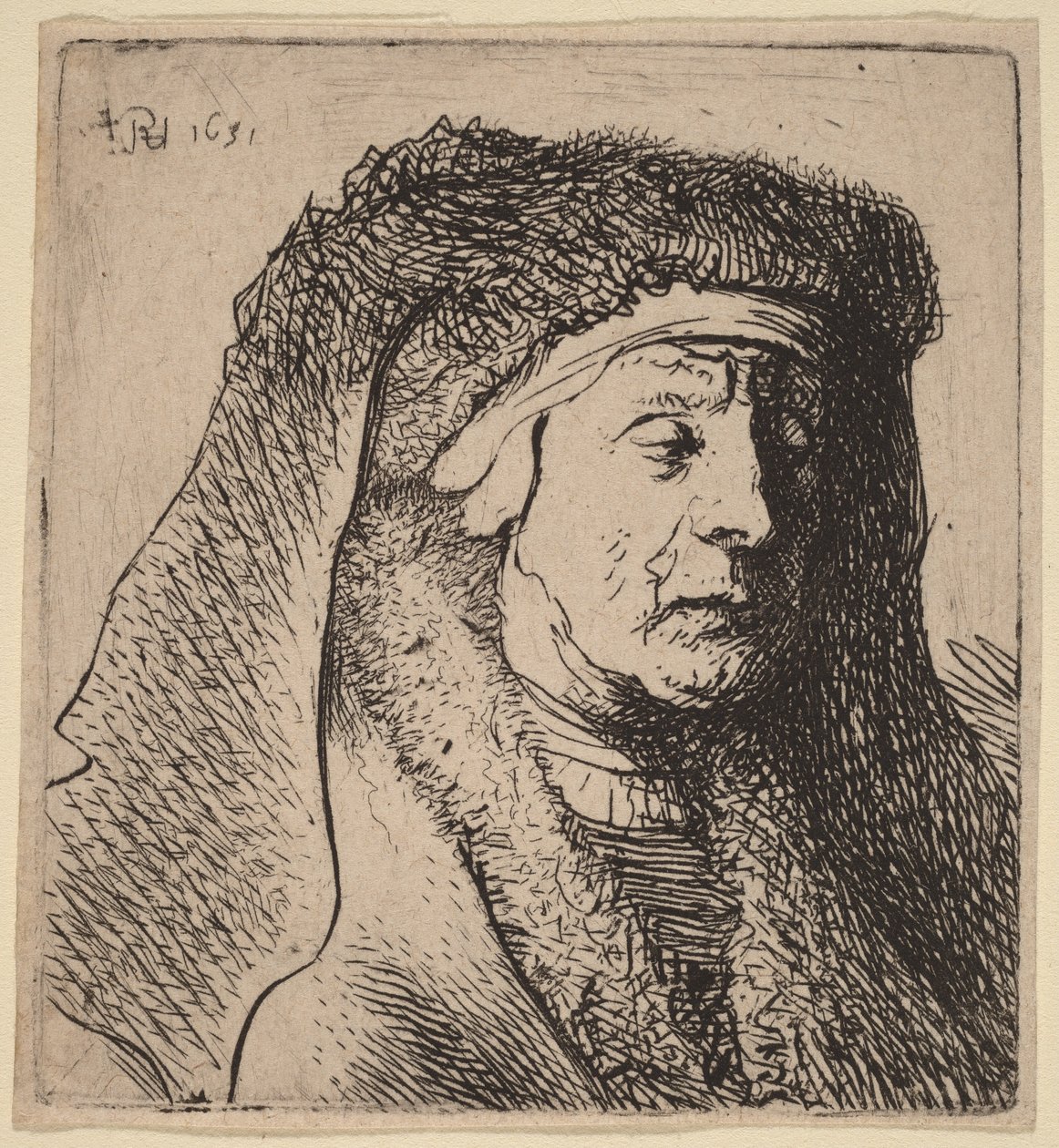 Popiersie starszej kobiety w futrzanym płaszczu i ciężkim nakryciu głowy autorstwa Rembrandt van Rijn