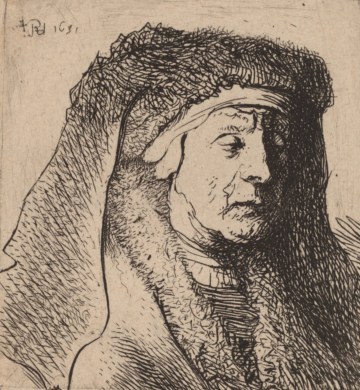 Popiersie staruszki w futrzanym płaszczu i ciężkim nakryciu głowy, 1631. autorstwa Rembrandt van Rijn