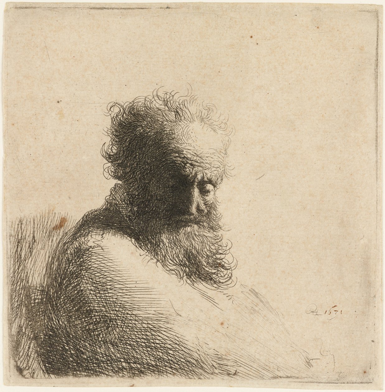 Popiersie starego brodatego mężczyzny, patrzącego w dół, w trzech czwartych w prawo, 1631. autorstwa Rembrandt van Rijn