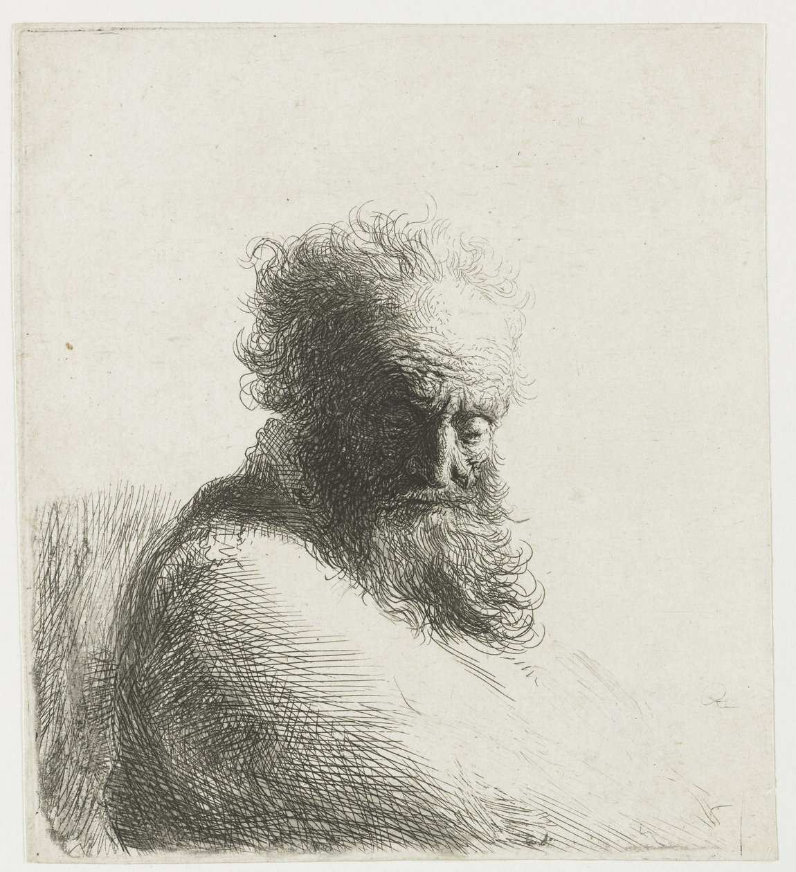 Popiersie starego brodatego mężczyzny, patrzącego w dół, w trzech czwartych w prawo autorstwa Rembrandt van Rijn