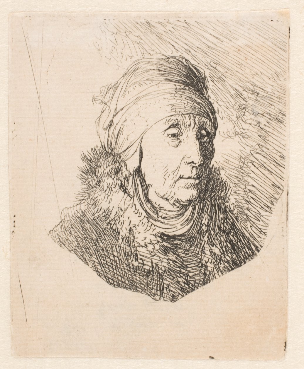Popiersie starszej kobiety w wysokim nakryciu głowy zawiązanym pod brodą autorstwa Rembrandt van Rijn