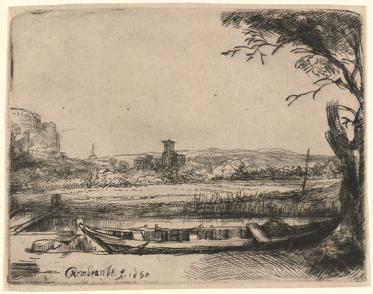 Kanał z dużą łodzią i mostem autorstwa Rembrandt van Rijn