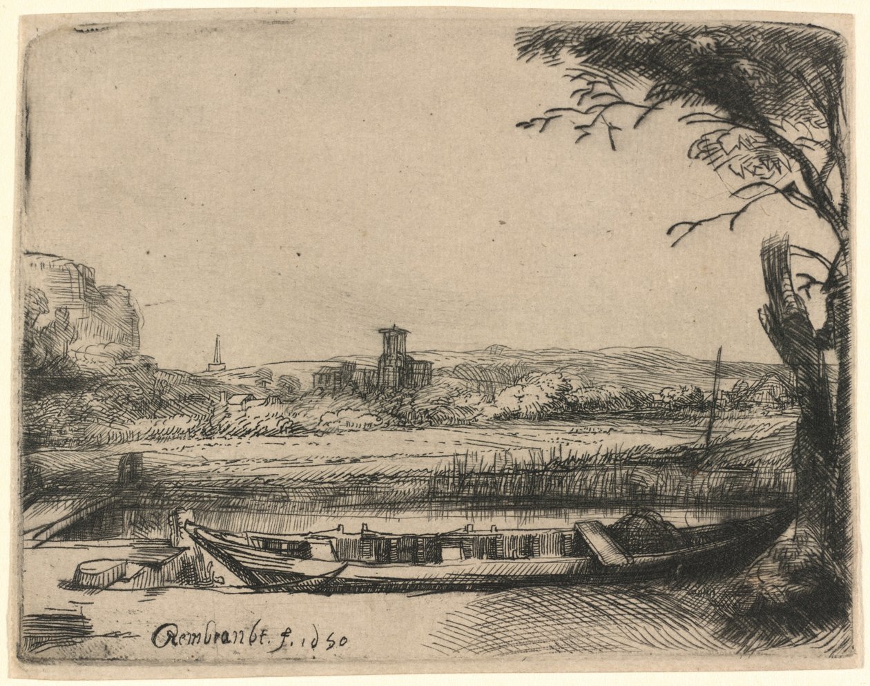 Kanał z dużą łodzią i mostem autorstwa Rembrandt van Rijn