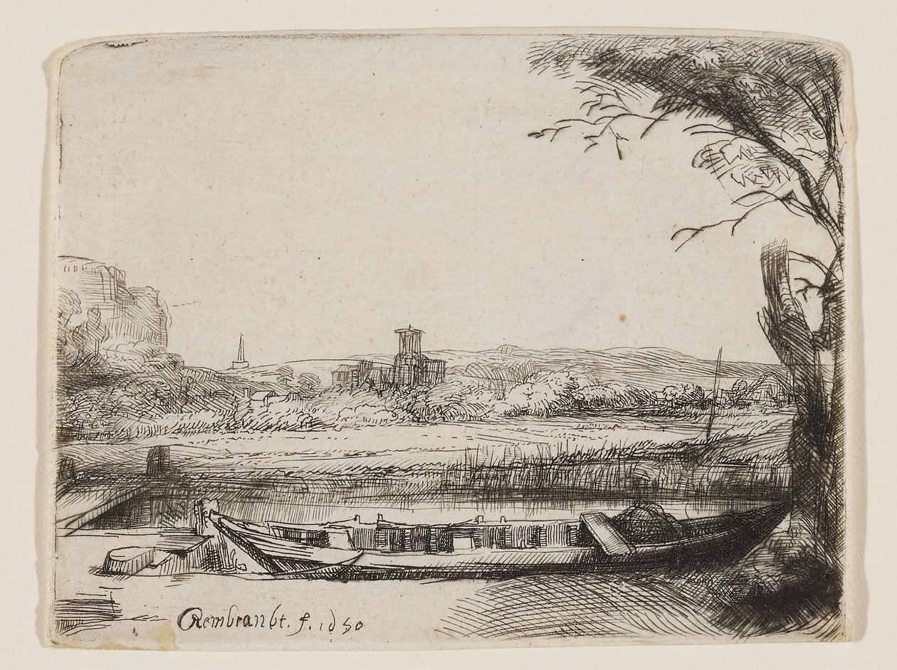 Kanał z dużą łodzią i mostem autorstwa Rembrandt van Rijn