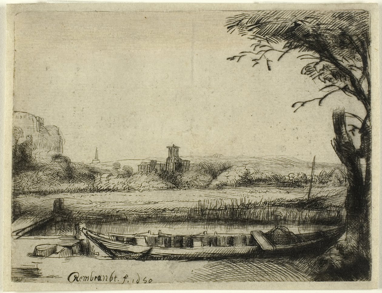 Kanał z dużą łodzią i mostem autorstwa Rembrandt van Rijn